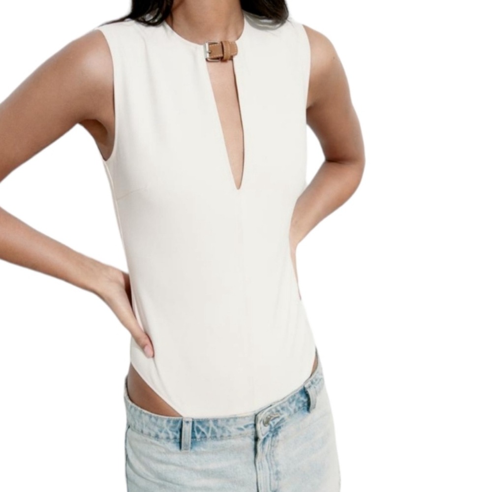Zara White Sleeveless Cut Out Bodysuit